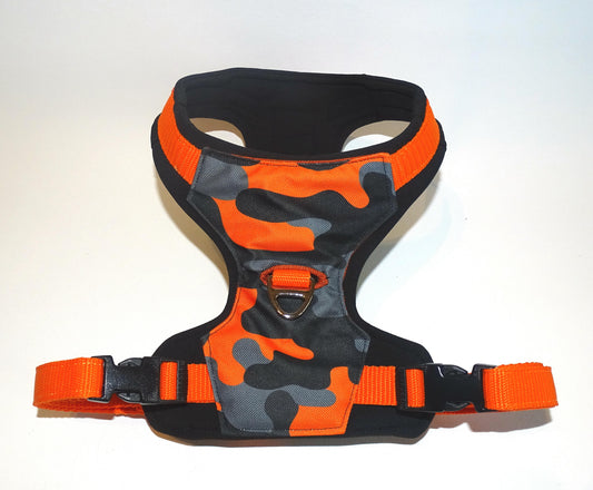 Gepolstertes Hunde Geschirr orange Camouflage, personalisierbar