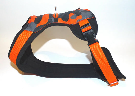Gepolstertes Hunde Geschirr orange Camouflage, personalisierbar