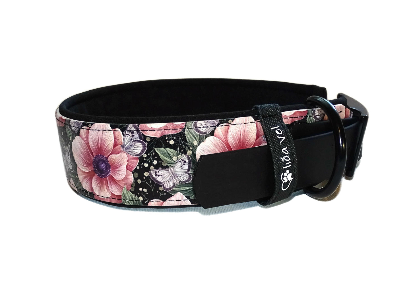 Alva gepolstertes Biothane Halsband Rosa Blumen verstellbar