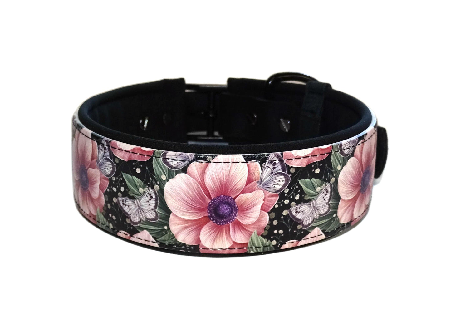 Alva gepolstertes Biothane Halsband Rosa Blumen verstellbar