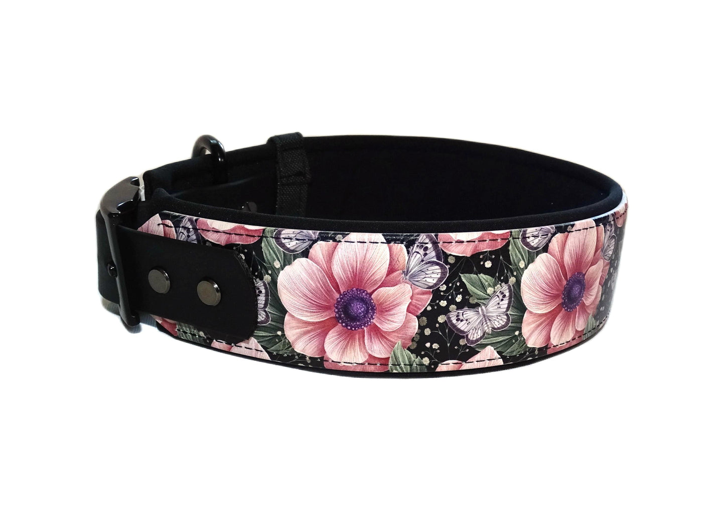 Alva gepolstertes Biothane Halsband Rosa Blumen verstellbar