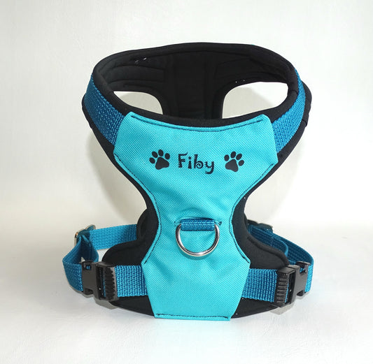 Gepolstertes Hunde Geschirr blau, personalisierbar